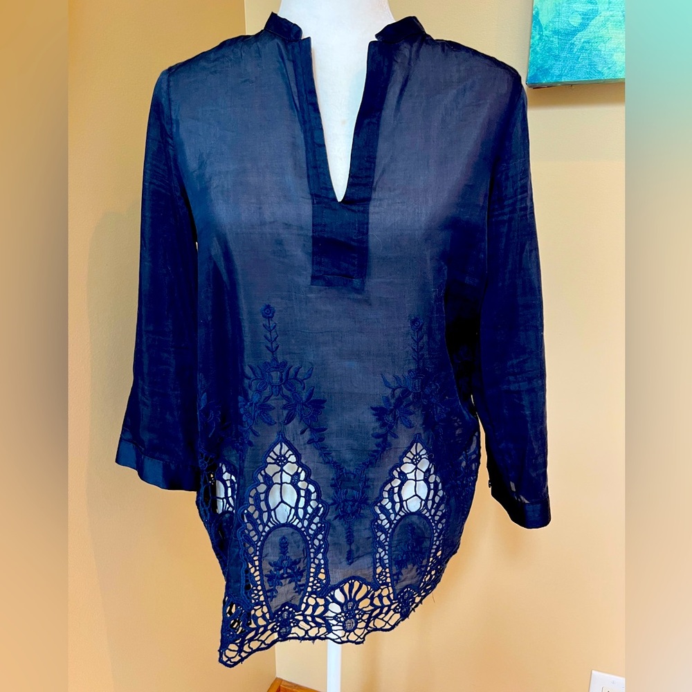 Elegant 💙Massimo Dutti Navy Blue Linen Long Sleeve Lace Tunic Blouse Top 💙 Sz 6